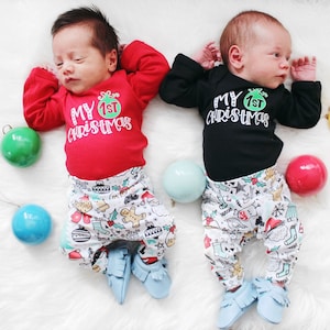 1st Christmas Outfit for Newborn Boys, Black bodysuit,  Christmas Leggings, baby boy Christmas
