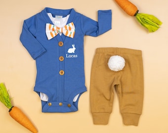 Personalized Baby Boy Easter Outfit. Bunny Tail Pants. Blue Baby Cardigan. 1st Easter Outfit. Bowtie.  Newborn infant boy.