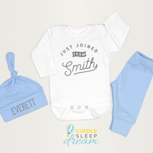 Baby Boy Coming Home Outfit. Just Joined Team in CLOUD light BLUE. First and Last Name. Spring Summer. Newborn. Custom Personalized Hat.