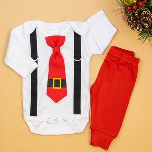 Baby Christmas Tie and Suspender Bodysuit Outfit. Santa. Baby Boy Christmas Outfit. Newborn Boy Christmas Picture Clothes. Santa Claus tie. image 1