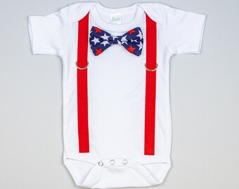 Baby Boy 4th of July Tie and Suspender. 4th of July Outfit. 4th of July Shirt. Patriotic Baby Clothes. Newborn 4th of July Outfit