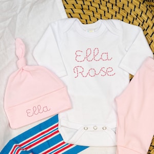 Baby Girl Coming Home Outfit, First and Middle Name, Newborn Girl Outfit, Custom Name, Personalized Name Hat, Baby Announcement, Pink
