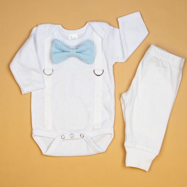 Baby Boy Baptism Outfit. White Suspenders w/ light blue Bow Tie. White Pants. Christening. Blessing Clothes. Infant Newborn