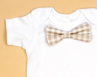 FAWN CHECK Bow tie Bodysuit. Beige Neutral Baby Ties. Baby Bowties. Baby Boy Dress Clothes. Wedding Outfit. Ring Bearer. Newborn