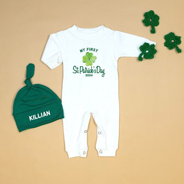 Baby 1st St Patrick's Day Romper. Shamrock My 1st St Patty's Day Outfit with Hat. Personalized Newborn White Long Sleeve Romper. Boy or Girl