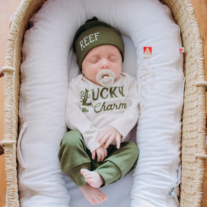 Lucky Charm, Baby Boy St. Patrick's Day Outfit Funny. Coming Home Outfit March. Olive. Baby Boy 1st Saint Patty's Day. Personalized Knot Hat