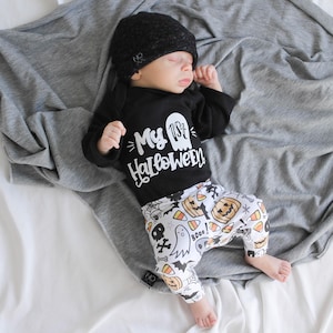 Première tenue d&#39;Halloween pour bébé garçon personnalisée, mon 1er Halloween, nom, leggings et pantalons d&#39;Halloween, Halloween nouveau-né garçon, fantôme, pantalon