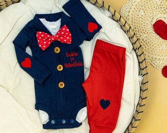 Baby Boy Valentines Day Outfit. Bow tie Picture Outfit. Navy Cardigan with Pants. Personalized. Bowtie.  Newborn Boy. Gentleman Dapper