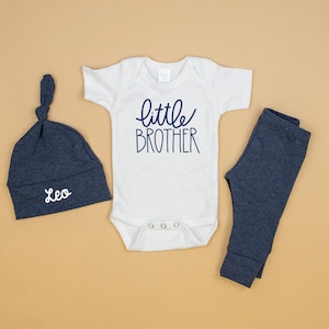 Little Brother Outfit, Baby Boy Coming Home Outfit, Personalized Infant Baby outfit and Hat, Baby Shower Gift, Navy Blue, Baby Brother
