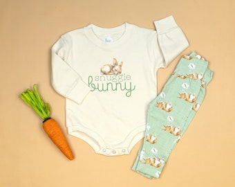 Gender Neutral Baby Easter Outfit. Snuggle Bunny Sweater Romper. Personalized Hat. Easter Leggings. Newborn boy, infant girl. Soft Green.