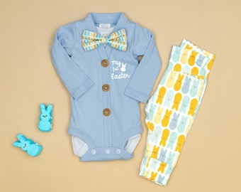 Baby Boy First Easter Outfit. Cloud Blue Cardigan with Handmade Marshmallow Bunny Leggings. My 1st Easter Outfit. Baby Bow tie. Newborn boy.