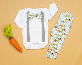 Baby Boy Easter Outfit. Baby Easter Bow tie and suspenders outfit. Bowtie and leggings. Blue and gray. Carrot Racers. Newborn boy.