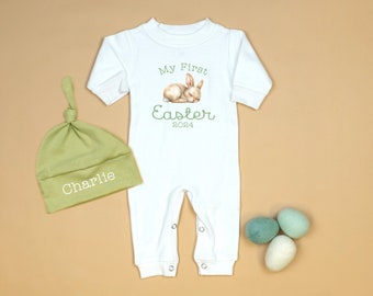 Baby 1st Easter Romper. Easter Outfit with Hat. Personalized Newborn White Long Sleeve Romper. Boy or Girl. Mint Green Sleeping Bunny.