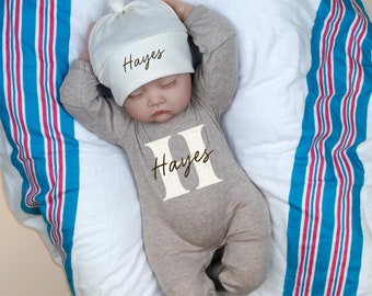 Personalized Newborn Boy Coming Home Outfit, Neutral WEAVE Pattern Beige Taupe Truffle Brown Cream Romper with Name, Baby Boy