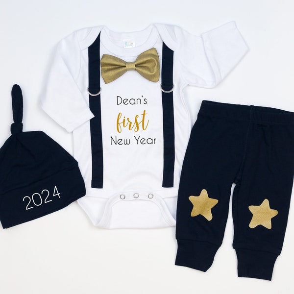 Personalized My 1st New Year's Baby Boy Outfit. 2024 Baby Tuxedo Bodysuit. Black Bow tie Gold Bowtie and Suspenders. Infant Boy, Newborn Boy