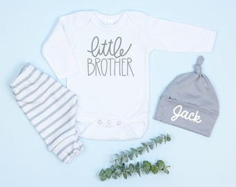 Little Brother Coming Home Outfit Personalized, Baby Boy , Little Brother Outfit, Newborn, Baby Brother, Hat, Pants, Gray Grey