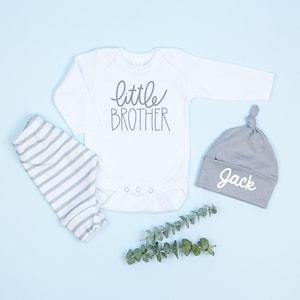 Little Brother Coming Home Outfit Personalized, Baby Boy , Little Brother Outfit, Newborn, Baby Brother, Hat, Pants, Gray Grey