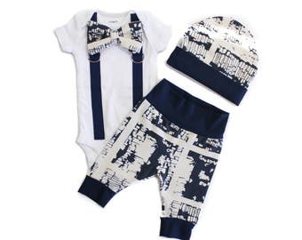 Newborn Boy hospital outfit. Navy Blue. Mocha Brown. Plaid.