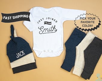 Baby Boy Coming Home Outfit, Just Joined Team Baby Outfit, Custom Name, Personalized First and Last Name, Newborn Boy, Oatmeal Navy Gray