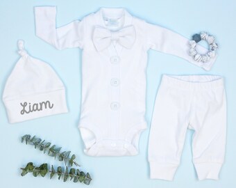 Christening Outfit for Boys. All White Cardigan, Bowtie, and Pants. Baby Boy Baptism Set. Baptism Outfit. Christening Clothes. Infant Boys.