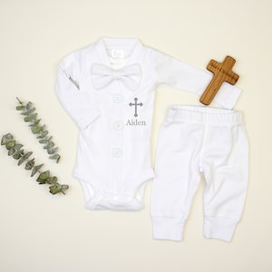 Personalized Baby Boy Baptism Outfit. White Christening Outfit for Boys. Baby Cardigan Bowtie. Seersucker Bow Tie. Infant Newborn. Name.