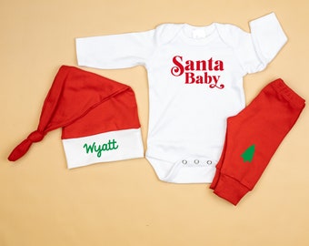 Baby Christmas Outfit, Santa Baby, Personalized Baby Santa Hat, Unisex Baby's 1st Christmas Clothes for Newborn Boys or Girl, Red and Green,