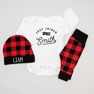 Baby Boy Coming Home Outfit Winter, Just Joined Team Baby Outfit, Custom Name, Personalized First and Last Name, Newborn Boy, Buffalo Plaid