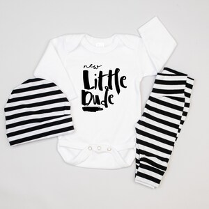 Black and White Stripe Coming Home Outfit, Baby Boy Leggings and Beanie Newborn Boy, Newborn Boy Hospital Outfit, New Little Dude, Brother image 2