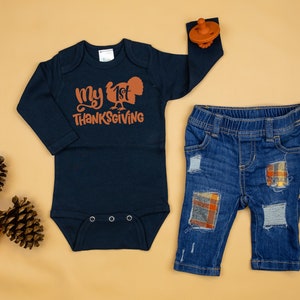 Baby Boy 1st Thanksgiving Outfit. My 1st Thanksgiving Bodysuit & Jeans. Personalized Name with Turkey. Newborn Infant. Destroyed Denim