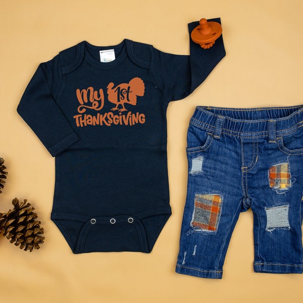 Baby Boy 1st Thanksgiving Outfit. My 1st Thanksgiving Bodysuit & Jeans. Personalized Name with Turkey. Newborn Infant. Destroyed Denim