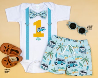 The Big One Cake Smash Outfit. Surfing Theme 1st Birthday. Board Shorts and Bowtie and Suspender Bodysuit. Personalized. Beach Van. Waves