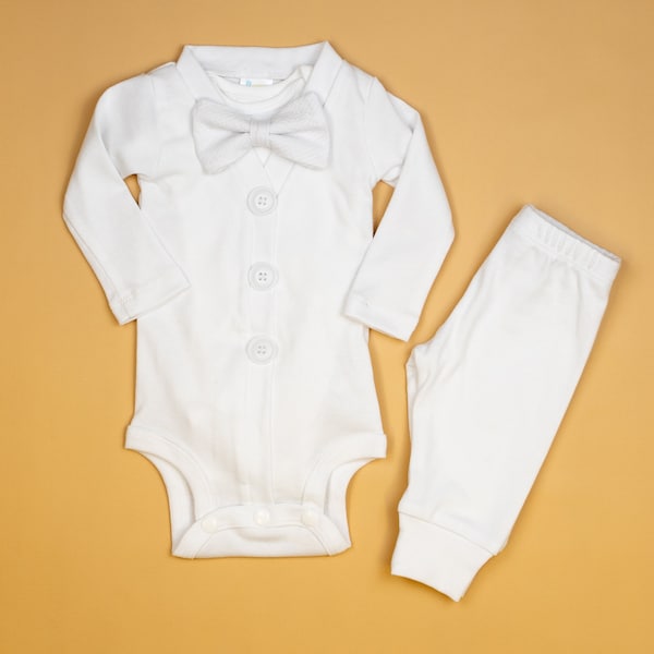 Baby Boy Baptism Outfit. White Cardigan, Seersucker Bow tie, and Pants. White Christening Outfit for Boys. Infant Newborn Baby Boy Outfit.