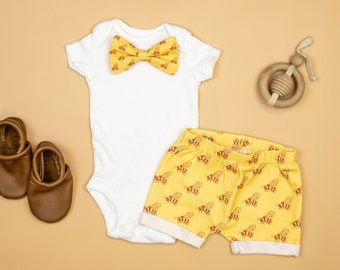 Spring Baby Boy Outfits. BEES. Cute Boy Clothes for Summer. Bow tie Bodysuit & Shorts. Baby Boy Dress Clothes. Wedding Pictures. Yellow