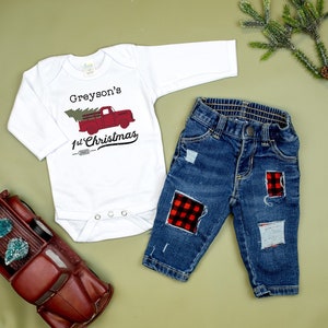 Baby Boy 1st Christmas Truck Outfit with jeans. Personalized Name and Year 2023. Name Shirt. Farm Truck. Newborn Infant Boy. Buffalo Plaid