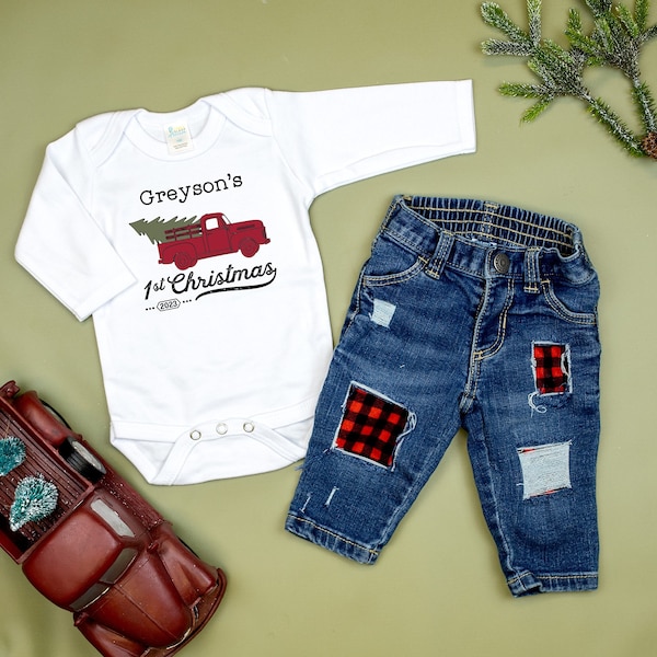 Baby Boy 1st Christmas Truck Outfit with jeans. Personalized Name and Year 2023. Name Shirt. Farm Truck. Newborn Infant Boy. Buffalo Plaid