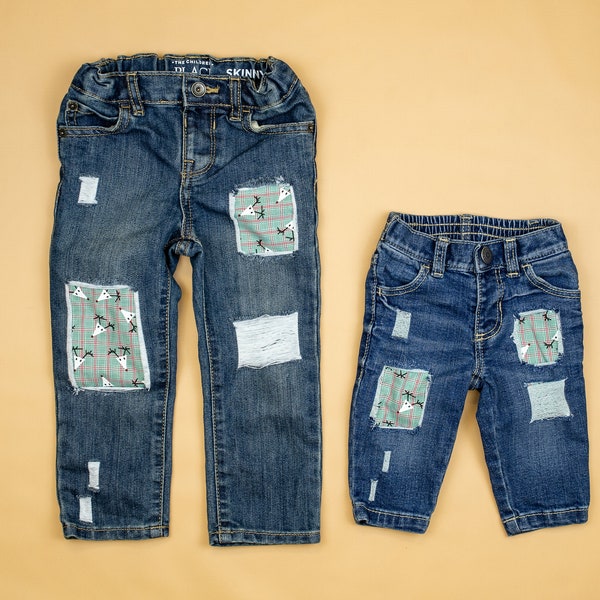 Destroyed Jeans for Toddlers. REINDEER PLAID. Denim. Christmas Pants for Boys. Infant, Toddler. 3m, 6m, 9m, 12m, 18m, 24m, 2t, 3t, 4t, 5t