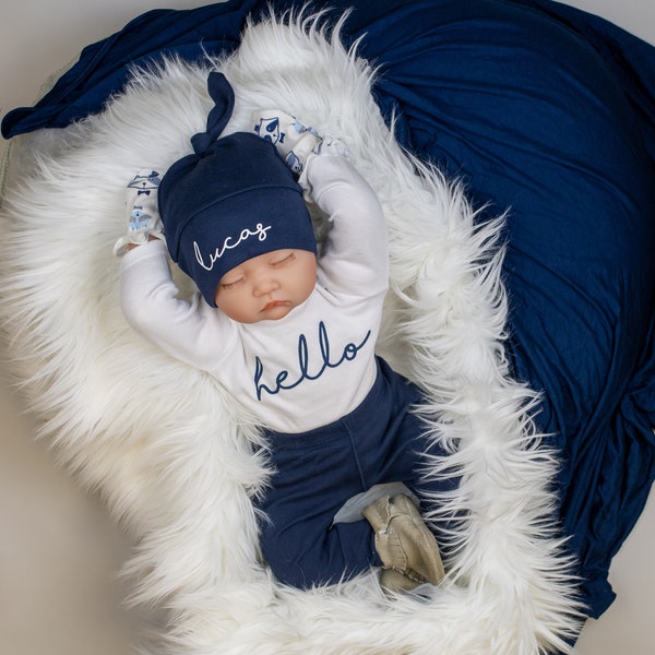 Baby Boy Coming Home Outfit. Newborn Hello Bodysuit. Navy Custom Personalized Knot Hat Beanie. Take Home Outfit. Spring Summer Winter Fall