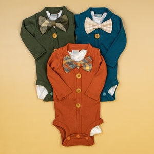 Baby Boy Fall Outfit. Choice of Cardigan Outfit. Burnt Orange. Forest Green. Deep Teal. Bowtie. Newborn Boy. Preppy. image 1