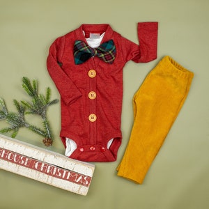 Baby Boy Christmas Outfit. Heathered Red & Mustard Corduroy, Plaid Bow tie. 1st Christmas. Newborn. Classic. Rustic. Picture Outfit.