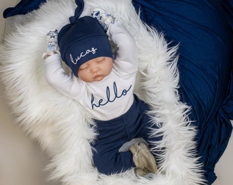 Baby Boy Coming Home Outfit. Newborn Hello Bodysuit. Navy Custom Personalized Knot Hat Beanie. Take Home Outfit. Spring Summer Winter Fall