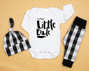 Baby Boy Coming Home Outfit Buffalo Plaid, New Little Dude, Winter, Newborn Boy, Monochrome