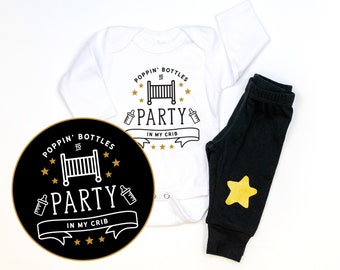 Funny Baby New Years Outfit. Poppin Bottles Party in my Crib. 2023. Baby Boy or Baby Girl. Newborn Infant. 1st New Year. Bodysuit.