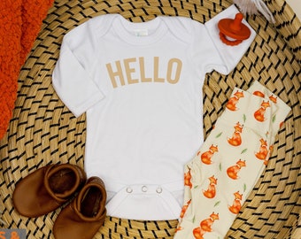 Woodland Newborn Coming Home Outfit. Gender neutral, baby fox, baby bear. Hello. Fall going home outfit. Baby boy or baby girl.