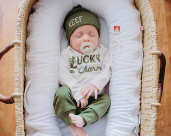 Lucky Charm, Baby Boy St. Patrick's Day Outfit Funny. Coming Home Outfit March. Olive. Baby Boy 1st Saint Patty's Day. Personalized Knot Hat