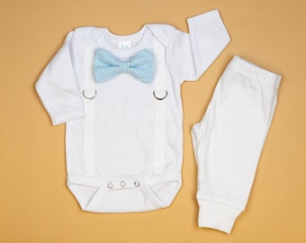 Baby Boy Baptism Outfit. White Suspenders w/ light blue Bow Tie. White Pants. Christening. Blessing Clothes. Infant Newborn