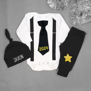Baby Boy New Years Outfit. Tie and Suspenders. Dapper. Boys New Year Shirt. New Years Eve Outfit. 2024 baby tie. Black and Gold. Newborn