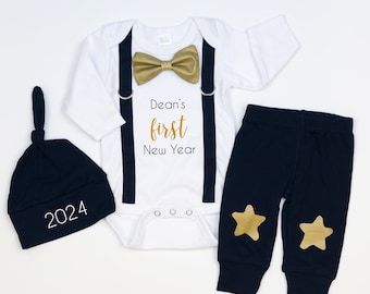 Personalized Baby Boy New Year Outfit, Tuxedo Bodysuit, 2024 Hat