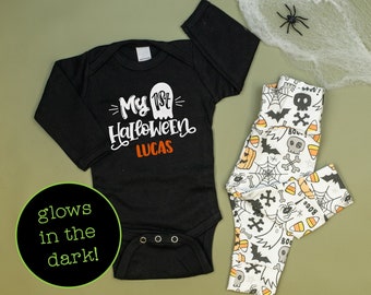 Baby Boy First Halloween Outfit Personalized, My 1st Halloween, Name, Halloween Leggings and Pants, Newborn boy Halloween, Ghost, Pants