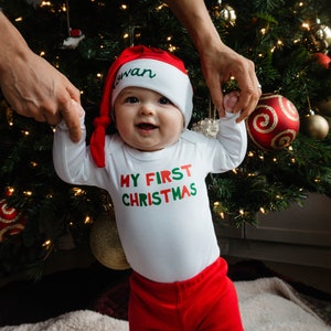 Baby Boys First Christmas Outfit, Personalized Baby Santa Hat, Unisex Baby's 1st Christmas Clothes for Newborn Boys or Girl, Red and Green,