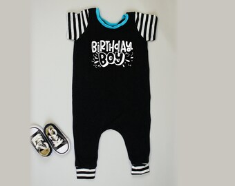 ONLY 18m LEFT 1st Birthday Boy Romper. Baby Boy 1st Birthday Outfit. The Birthday Boy. Black White Aqua. Cake Smash Outfit.
